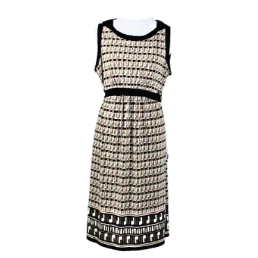 Dress Sleeveless Sheath Below the Knee Geometric Print Black & Tan Women's Lg